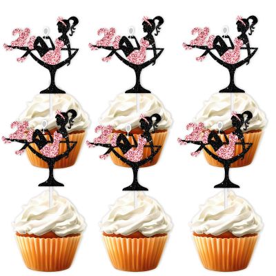 18pcs Pink Glitter 24 Silhouette High Heeled Sitting Girl Cupcake Topper Makeup Spa Theme Party Decoration Supplies Girl Lady Women 24th Happy Birthday Party Decor Supplies