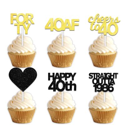 18pcs Black Gold Glitter Dessert Cupcake Pick for Straight Outta 1986 Cheer to 40 Years Old Theme Decor Supplies Happy 40th Birthday Party Decoration