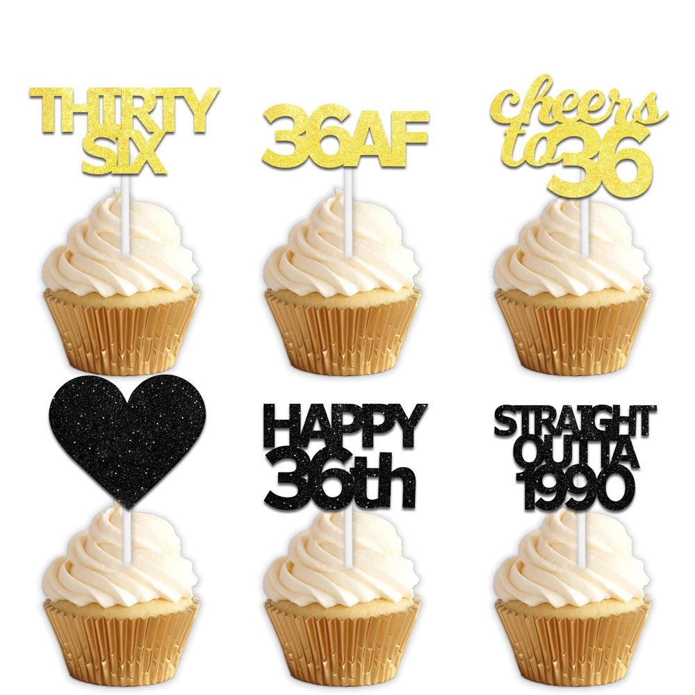 18pcs Black Gold Glitter Dessert Cupcake Pick for Straight Outta 1990 Cheer to 36 Years Old Theme Decor Supplies Happy 36th Birthday Party Decoration