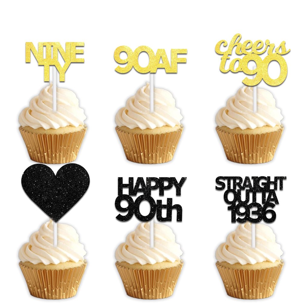 18pcs Black Gold Glitter Dessert Cupcake Pick for Straight Outta 1936 Cheer to 90 Years Old Theme Decor Supplies Happy 90th Birthday Party Decoration