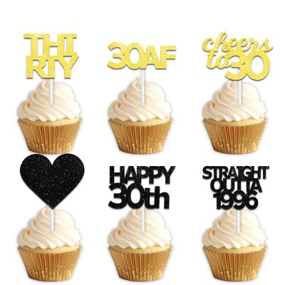 18pcs Black Gold Glitter Dessert Cupcake Pick for Straight Outta 1996 Cheer to 30 Years Old Theme Decor Supplies Happy 30th Birthday Party Decoration