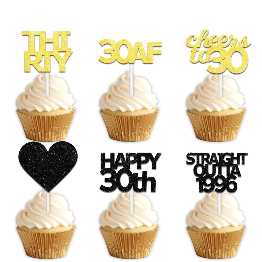 18pcs Black Gold Glitter Dessert Cupcake Pick for Straight Outta 1996 Cheer to 30 Years Old Theme Decor Supplies Happy 30th Birthday Party Decoration