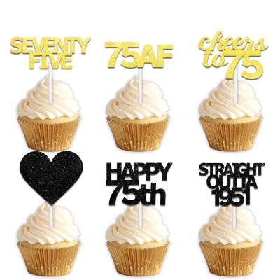18pcs Black Gold Glitter Dessert Cupcake Pick for Straight Outta 1951 Cheer to 75 Years Old Theme Decor Supplies Happy 75th Birthday Party Decoration