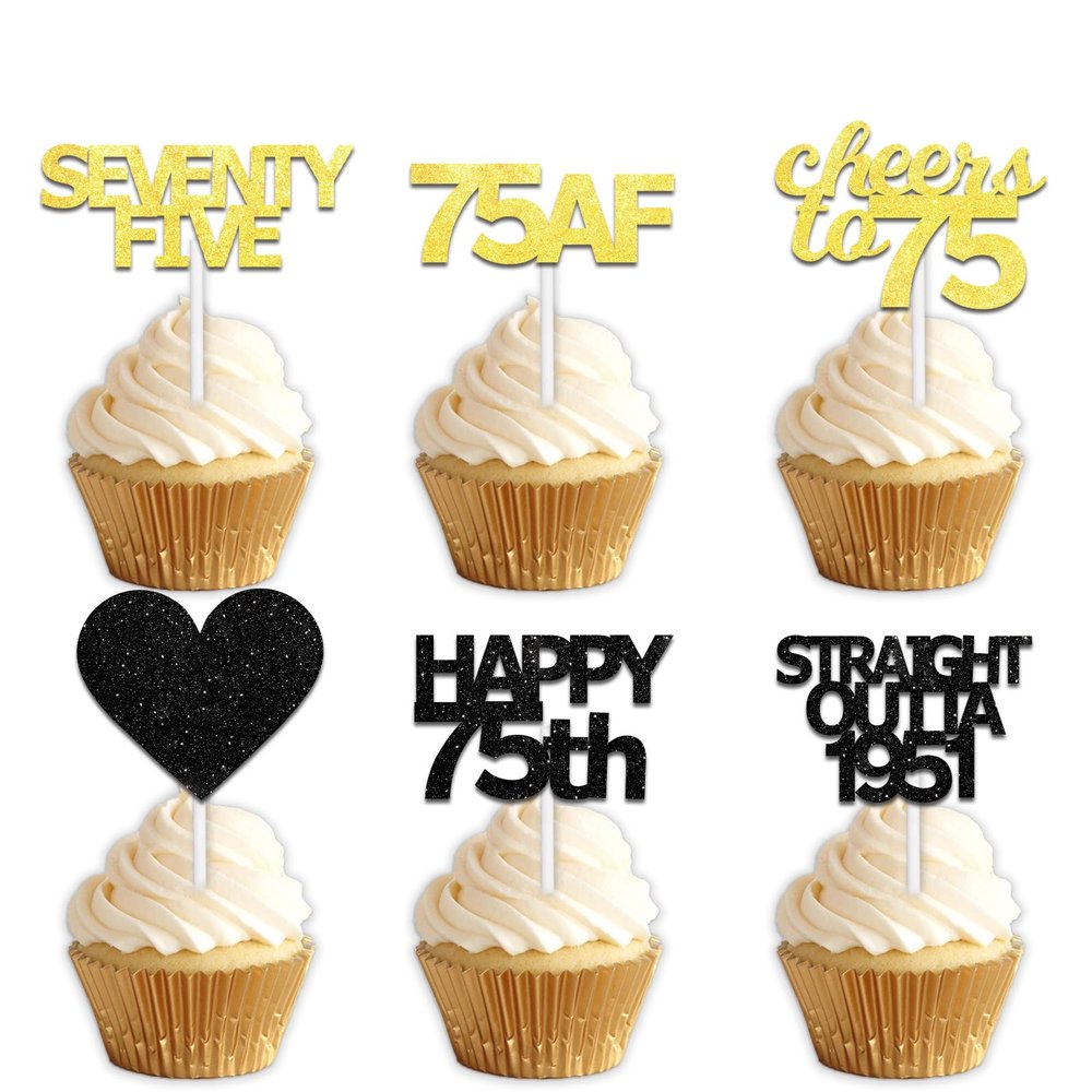 18pcs Black Gold Glitter Dessert Cupcake Pick for Straight Outta 1951 Cheer to 75 Years Old Theme Decor Supplies Happy 75th Birthday Party Decoration