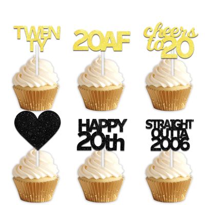 18pcs Black Gold Glitter Dessert Cupcake Pick for Straight Outta 2006 Cheer to 20 Years Old Theme Decor Supplies Happy 20th Birthday Party Decoration