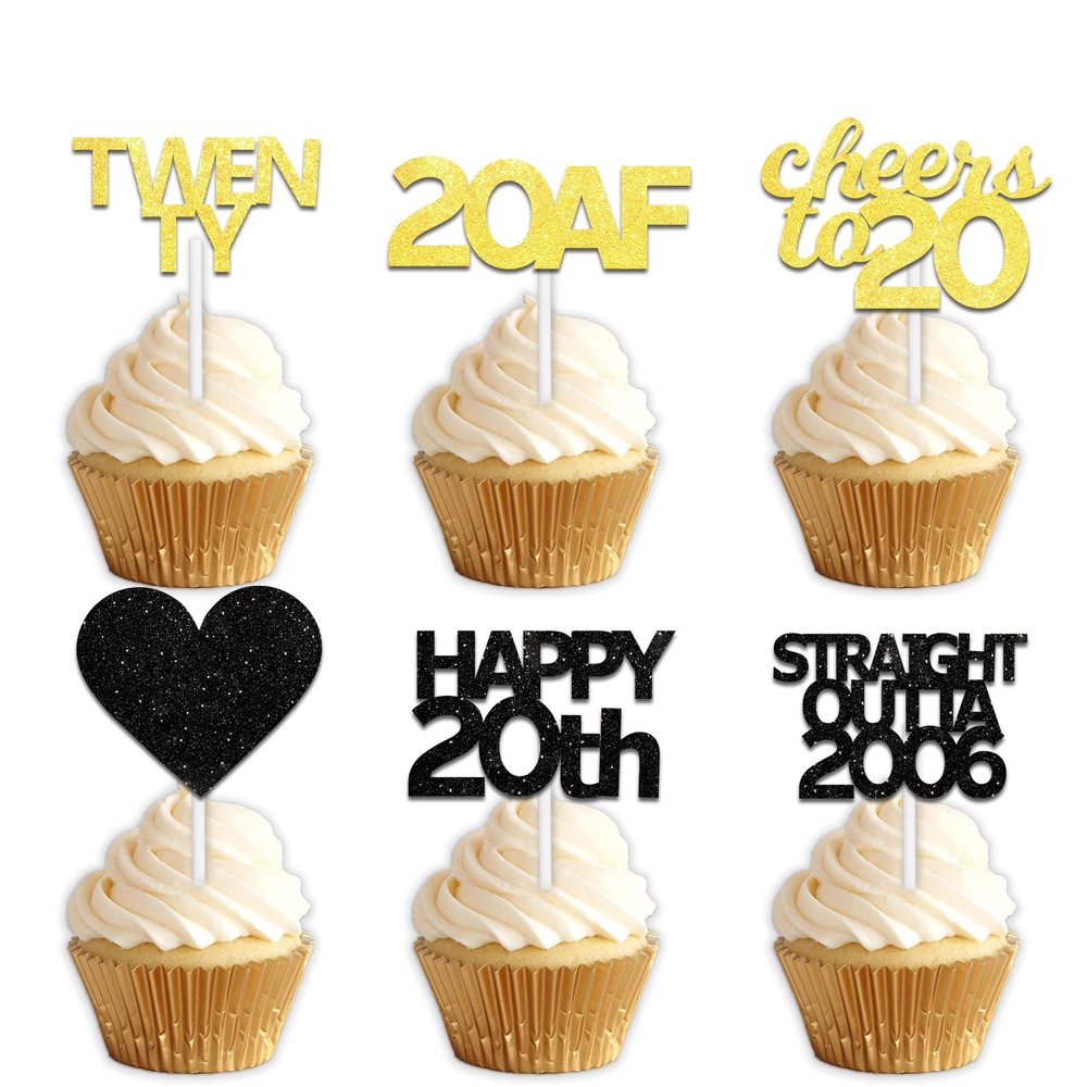 18pcs Black Gold Glitter Dessert Cupcake Pick for Straight Outta 2006 Cheer to 20 Years Old Theme Decor Supplies Happy 20th Birthday Party Decoration