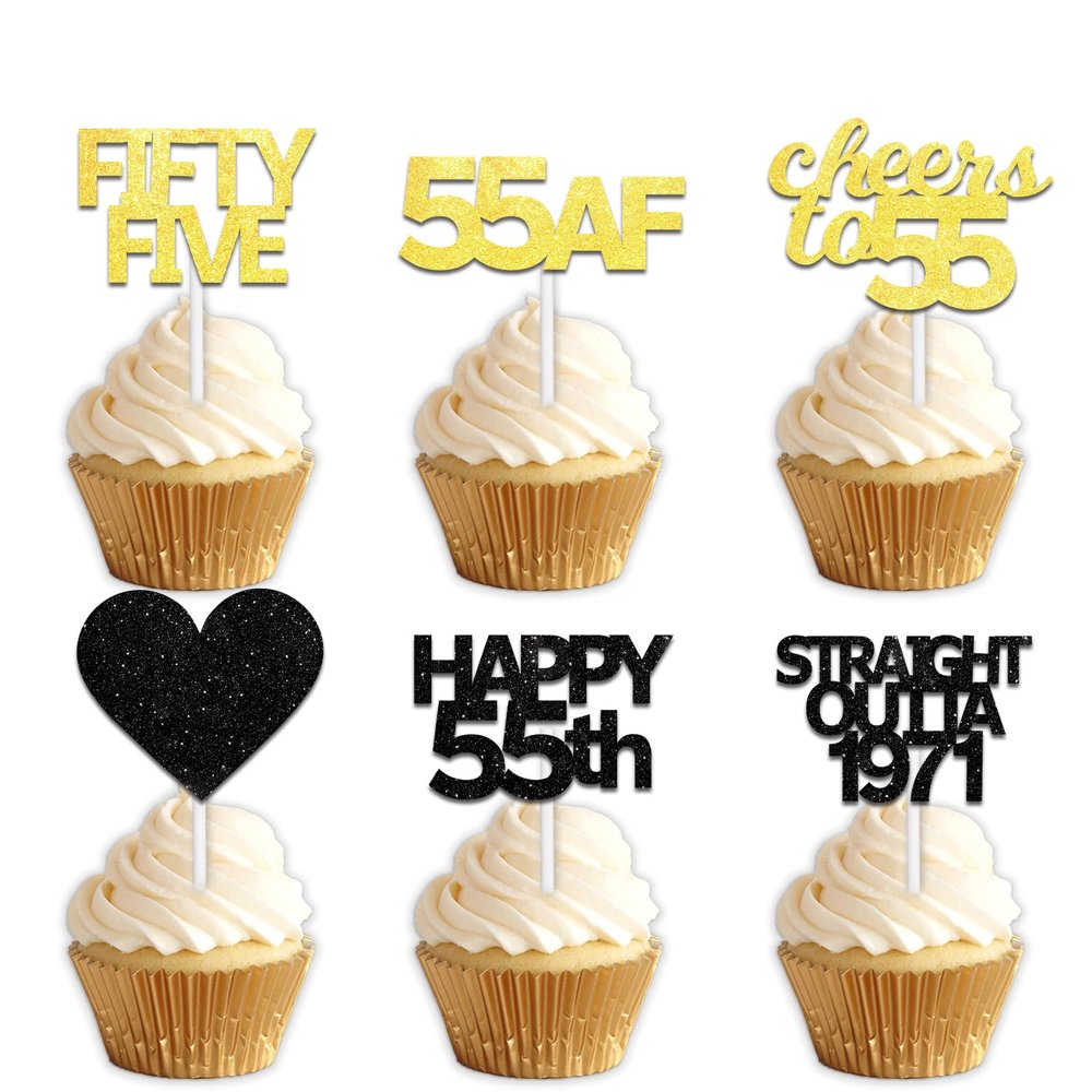 18pcs Black Gold Glitter Dessert Cupcake Pick for Straight Outta 1971 Cheer to 55 Years Old Theme Decor Supplies Happy 55th Birthday Party Decoration