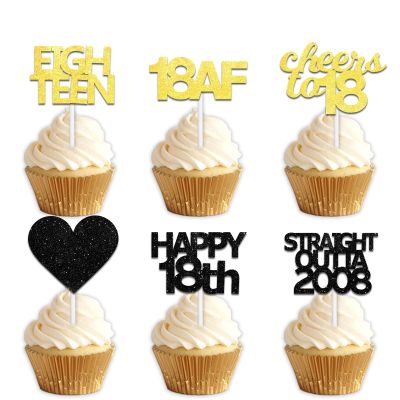 18pcs Black Gold Glitter Dessert Cupcake Pick for Straight Outta 2008 Cheer to 18 Years Old Theme Decor Supplies Happy 18th Birthday Party Decoration