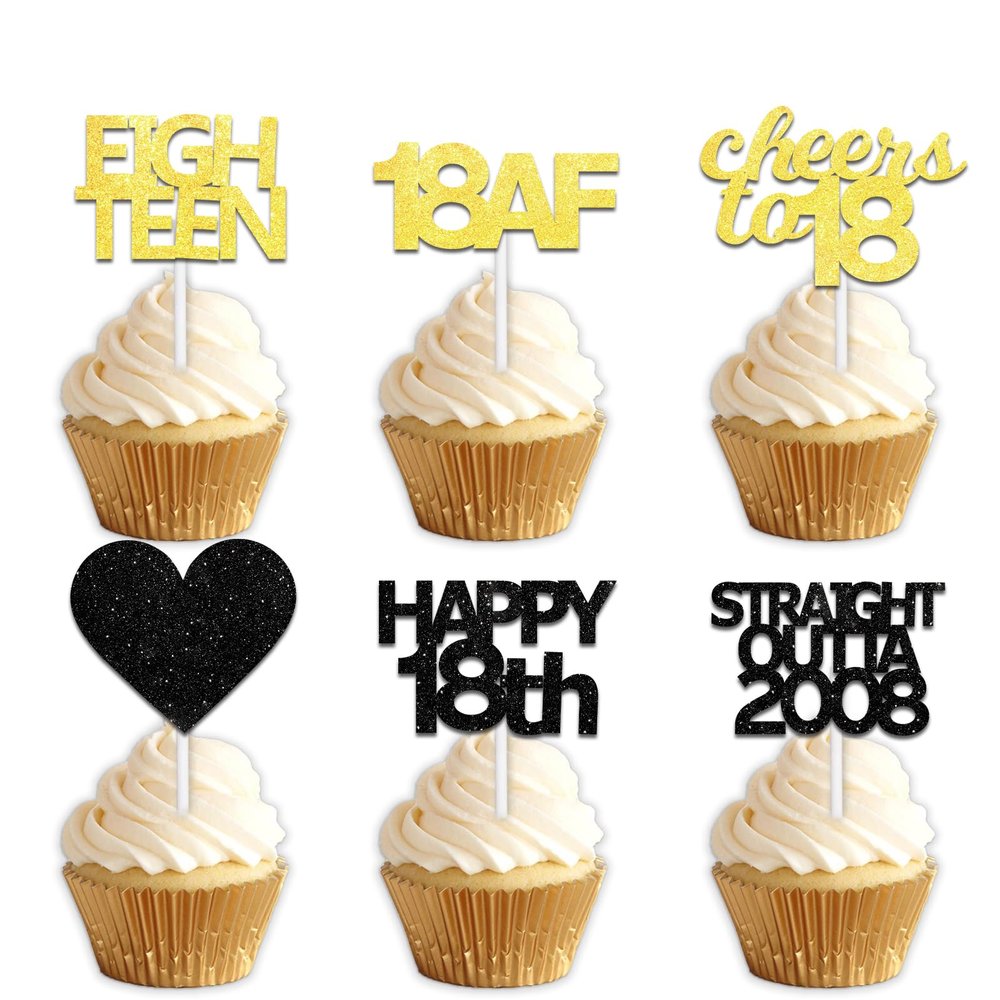18pcs Black Gold Glitter Dessert Cupcake Pick for Straight Outta 2008 Cheer to 18 Years Old Theme Decor Supplies Happy 18th Birthday Party Decoration