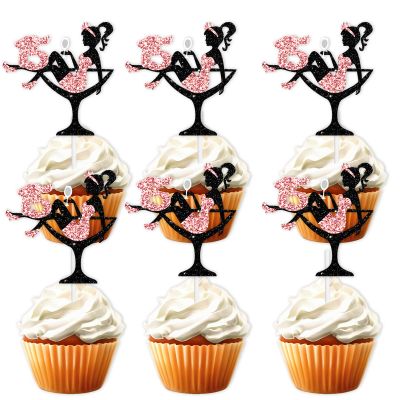 18pcs Pink Glitter 15 Silhouette High Heeled Sitting Girl Cupcake Topper Makeup Spa Theme Party Decoration Supplies Girl Lady 15th Happy Birthday Party Decor Supplies