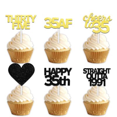 18pcs Black Gold Glitter Dessert Cupcake Pick for Straight Outta 1991 Cheer to 35 Years Old Theme Decor Supplies Happy 35th Birthday Party Decoration