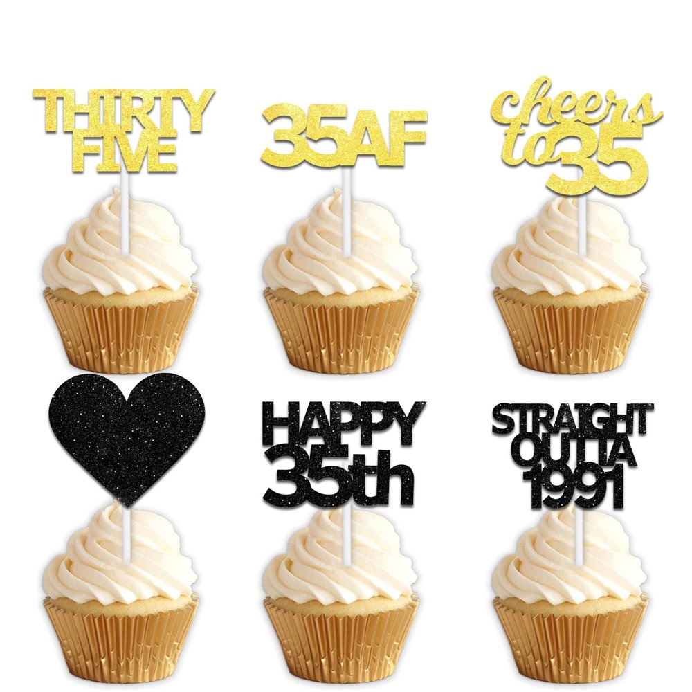 18pcs Black Gold Glitter Dessert Cupcake Pick for Straight Outta 1991 Cheer to 35 Years Old Theme Decor Supplies Happy 35th Birthday Party Decoration