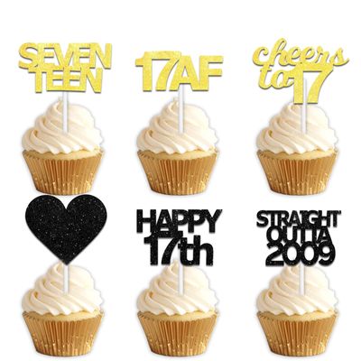 18pcs Black Gold Glitter Dessert Cupcake Pick for Straight Outta 2009 Cheer to 17 Years Old Theme Decor Supplies Happy 17th Birthday Party Decoration