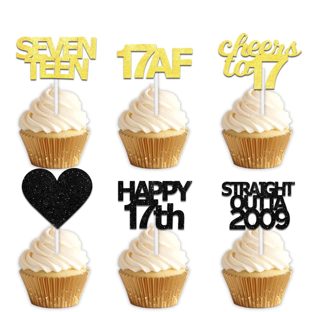 18pcs Black Gold Glitter Dessert Cupcake Pick for Straight Outta 2009 Cheer to 17 Years Old Theme Decor Supplies Happy 17th Birthday Party Decoration