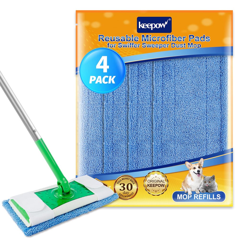 Reusable Mop Pad (UP to 100X) for Swiffer Sweeper Mop, 4 Pack 12.5'' Microfiber Mop Pad Refill Washable for Hard Floor Baseboard Cleaning, Wet/Dry Cleaning Pad