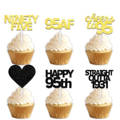 18pcs Black Gold Glitter Dessert Cupcake Pick for Straight Outta 1931 Cheer to 95 Years Old Theme Decor Supplies Happy 95th Birthday Party Decoration