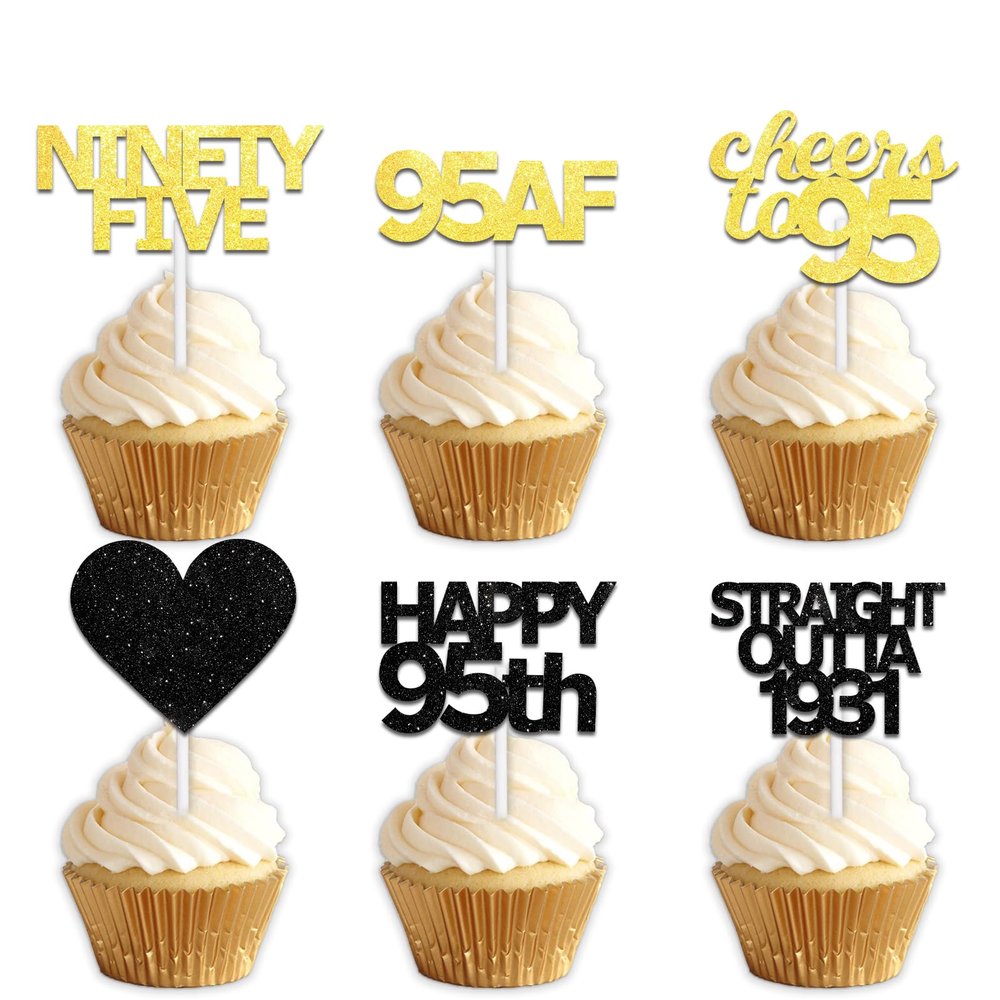 18pcs Black Gold Glitter Dessert Cupcake Pick for Straight Outta 1931 Cheer to 95 Years Old Theme Decor Supplies Happy 95th Birthday Party Decoration