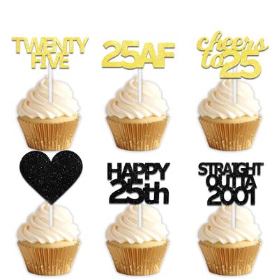 18pcs Black Gold Glitter Dessert Cupcake Pick for Straight Outta 2001 Cheer to 25 Years Old Theme Decor Supplies Happy 25th Birthday Party Decoration