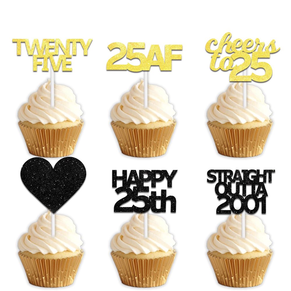 18pcs Black Gold Glitter Dessert Cupcake Pick for Straight Outta 2001 Cheer to 25 Years Old Theme Decor Supplies Happy 25th Birthday Party Decoration