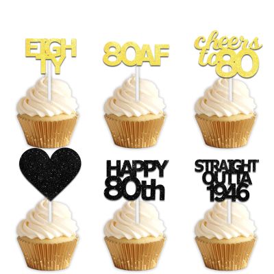 18pcs Black Gold Glitter Dessert Cupcake Pick for Straight Outta 1946 Cheer to 80 Years Old Theme Decor Supplies Happy 80th Birthday Party Decoration