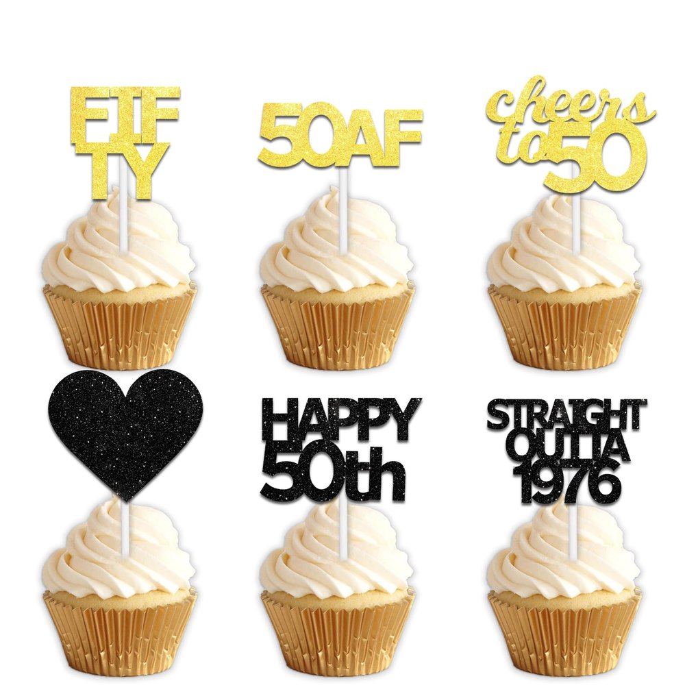 18pcs Black Gold Glitter Dessert Cupcake Pick for Straight Outta 1976 Cheer to 50 Years Old Theme Decor Supplies Happy 50th Birthday Party Decoration