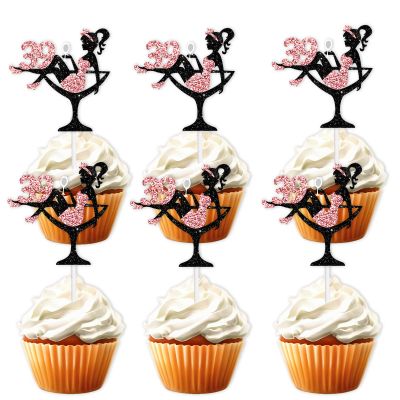 18pcs Pink Glitter 39 Silhouette High Heeled Sitting Girl Cupcake Topper Makeup Spa Theme Party Decoration Supplies Girl Lady Women 39th Happy Birthday Party Decor Supplies
