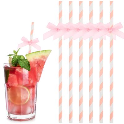 60pcs Pink and White Striped Paper Straws with Bow Ties, Disposable Biodegradable Decorative Drinking Straws for Birthday, Wedding, Baby Shower, Holiday Party Supplies
