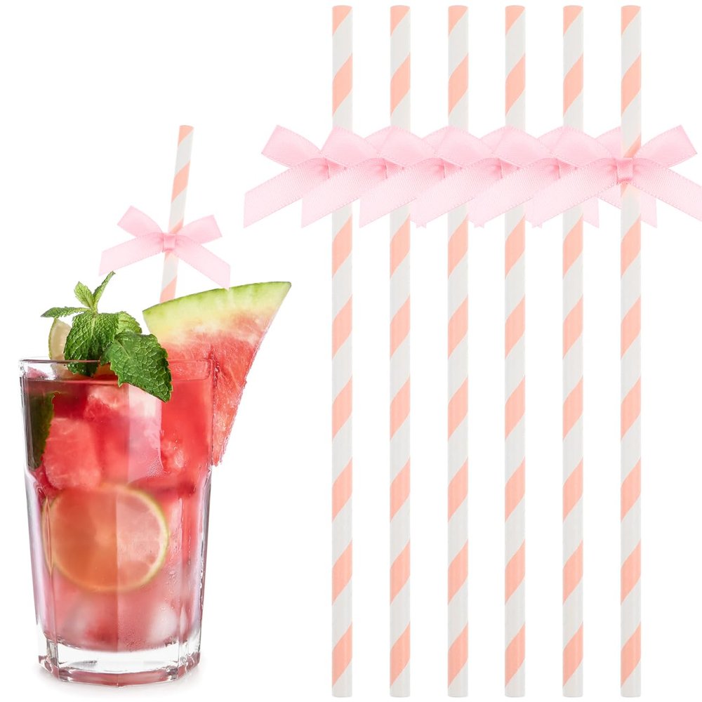 60pcs Pink and White Striped Paper Straws with Bow Ties, Disposable Biodegradable Decorative Drinking Straws for Birthday, Wedding, Baby Shower, Holiday Party Supplies