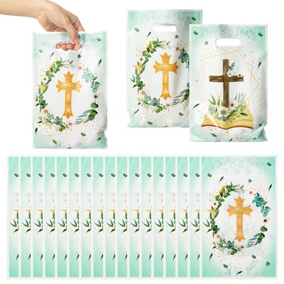 3sscha 50Pcs Cross Party Favor Bag Baptism First Communion Waterproof Goodie Bag with Die Cut Handles God Bless Church Religious Plastic Gift Bags for Kids Birthday Baby Shower Decoration Supplies