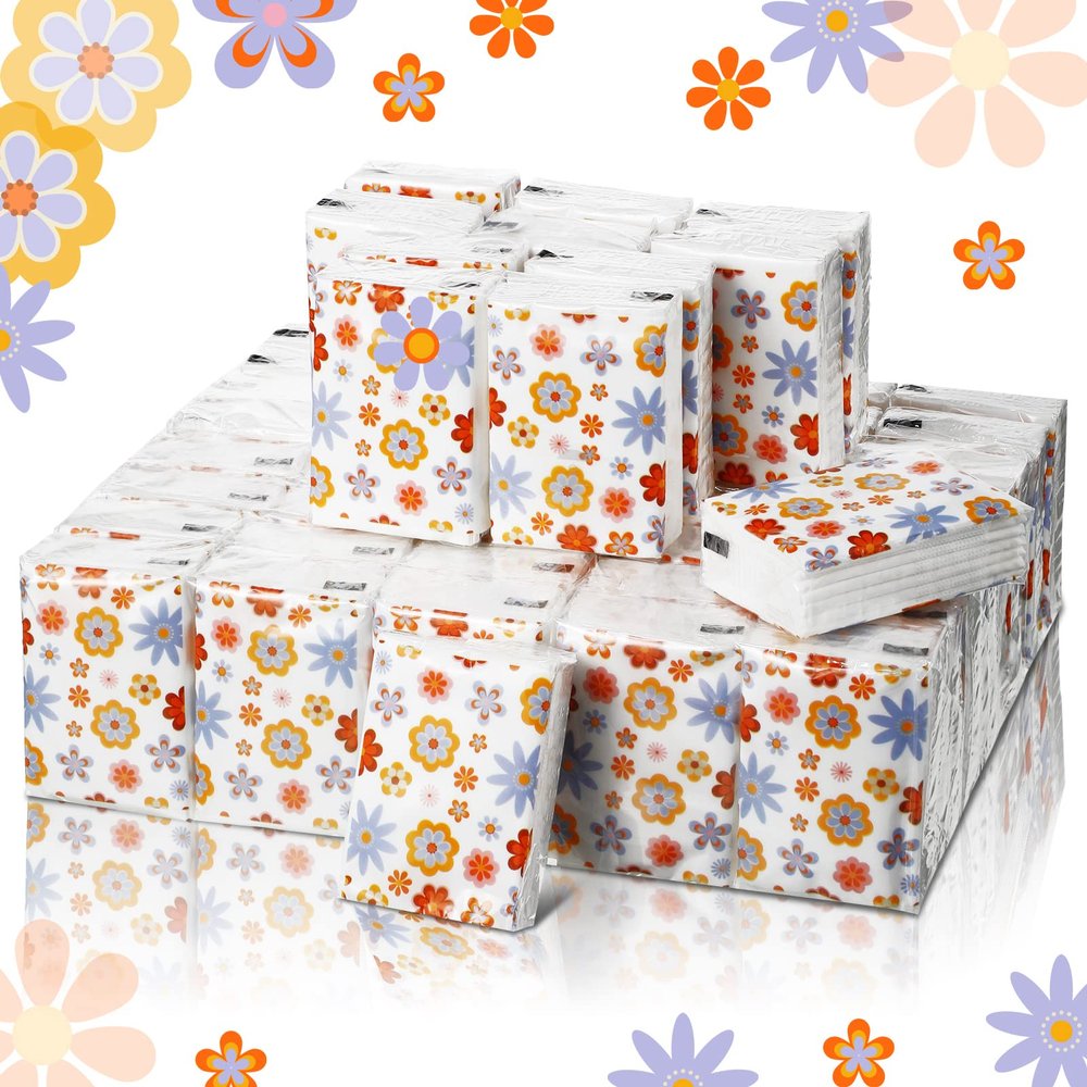 Sinmoe 50 Pack Floral Pocket Tissues Travel Packs Bulk 3 Ply Small Floral Travel Facial Individual Paper Tissues Pocket Size for Wedding Holiday Party Supplies, 7 Sheets Each