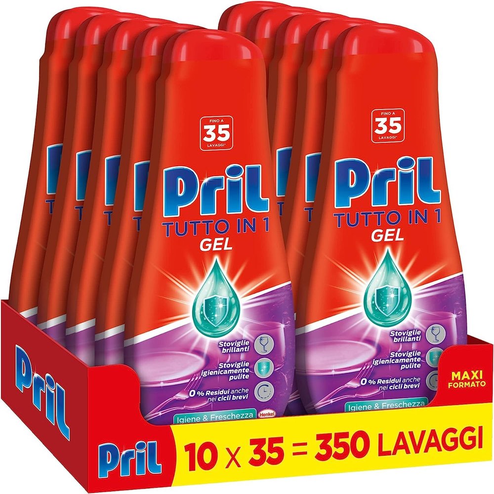 Gel All in One Igiene, Detersivo Lavastoviglie Liquido con Bicarbonato, Multi-Azione Sporco Difficile, confezione risparmio 10 flaconi da 35 Lavaggi (350 lavaggi)