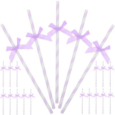 Gadpiparty Disposable Paper Straws with Purple Bow Tie Decorations 7.87 Inch Festive Decorative Straws for Birthday Wedding Baby Shower and Party Supplies