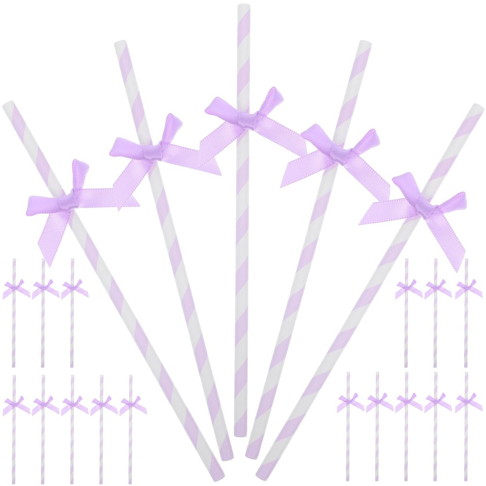 Gadpiparty Disposable Paper Straws with Purple Bow Tie Decorations 7.87 Inch Festive Decorative Straws for Birthday Wedding Baby Shower and Party Supplies