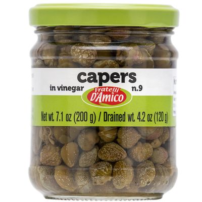 FRATELLI D'AMICO Capers, #9, Premium Quality Italian Capers in Brine, Jar, 7.05 oz (200g), Drained Wt. 4.2 oz (120 g) Product of Italy