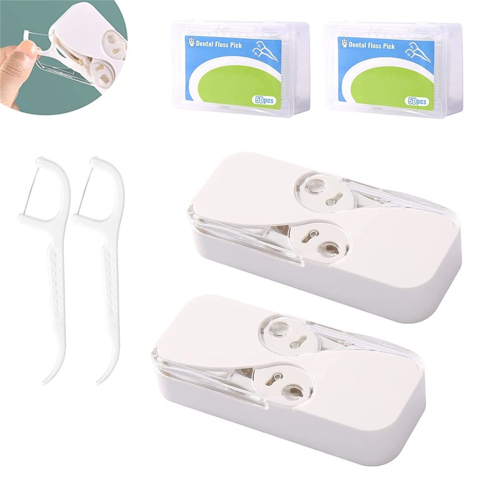 2PCS Portable Floss Dispenser with 24+100 Floss Sticks, Floss Portable Case, Upgraded Floss Dispenser, Travel Floss Case, Automatic Floss Organizer for Women Men Teeth Cleaning (B-White)