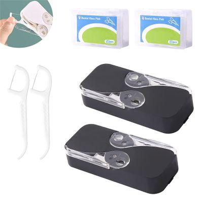 2PCS Portable Floss Dispenser with 24+100 Floss Sticks, Floss Portable Case, Upgraded Floss Dispenser, Travel Floss Case, Automatic Floss Organizer for Women Men Teeth Cleaning (A-Black)