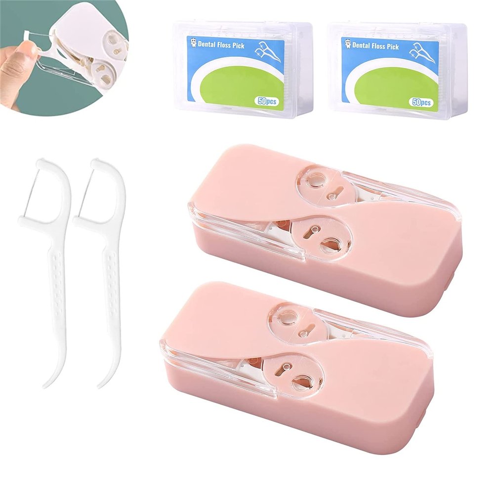 2PCS Portable Floss Dispenser with 24+100 Floss Sticks, Floss Portable Case, Upgraded Floss Dispenser, Travel Floss Case, Automatic Floss Organizer for Women Men Teeth Cleaning (D-Pink)