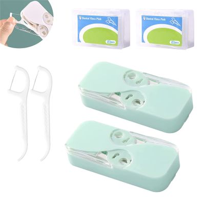 2PCS Portable Floss Dispenser with 24+100 Floss Sticks, Floss Portable Case, Upgraded Floss Dispenser, Travel Floss Case, Automatic Floss Organizer for Women Men Teeth Cleaning (C-Green)