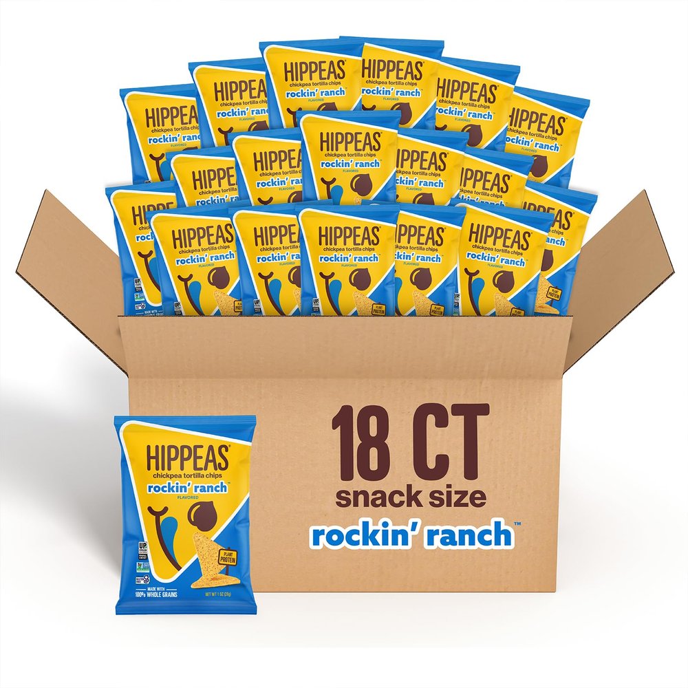 HIPPEAS Chickpea Tortilla Chips, Rockin Ranch Gluten Free Snacks, Dairy Free, Vegan, 1oz, Pack of 18, 3g Protein, 3g Fiber, Crunchy, Nutritious, Plant Protein Snack, Non-GMO, Kosher