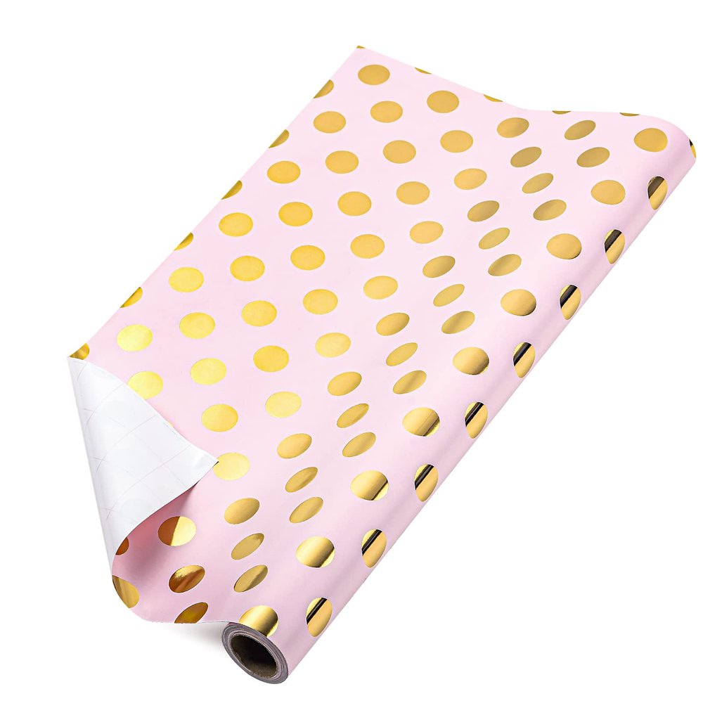 RUSPEPA Wrapping Paper Roll - Mini Roll - Gold Foil Irregular Dots Baby Pink Background Design for Wedding, Birthday, Baby Shower, Congrats, and Holiday - 17 Inches X 32.8 Feet
