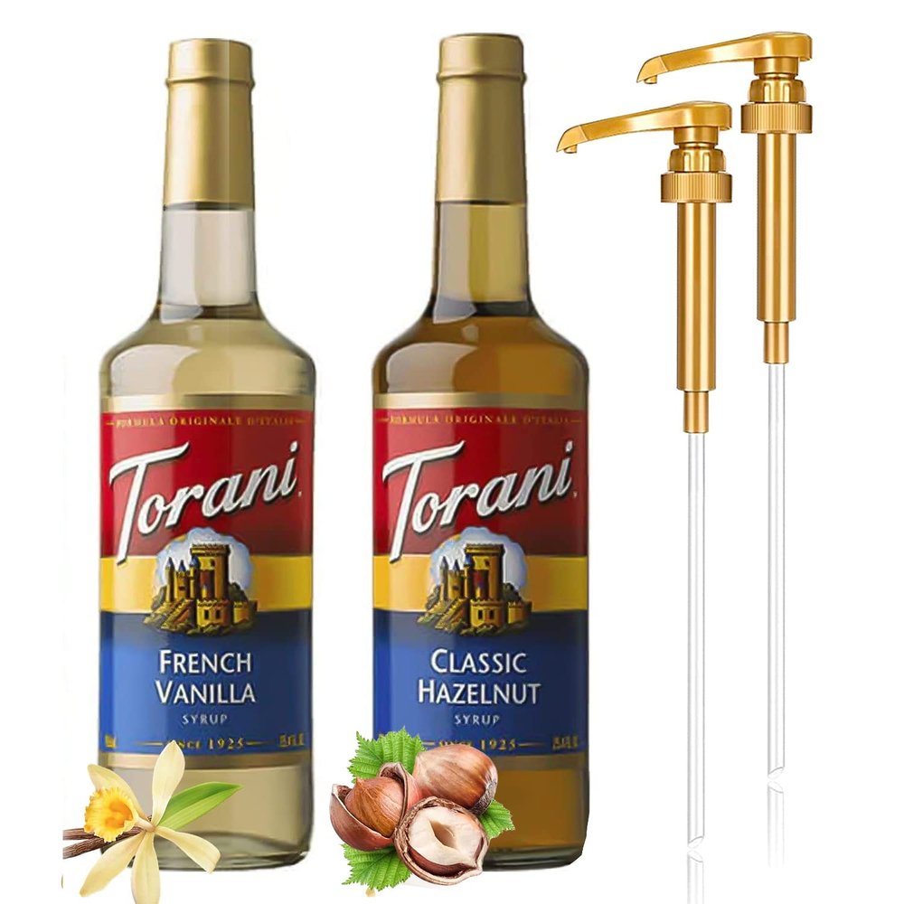 Premium French Vanilla Syrup and Classical Hazelnut Syrup For Coffee 25.4Oz Bottle With AlphaPantry Gold Pump 2 PK Coffee Syrup Dispenser