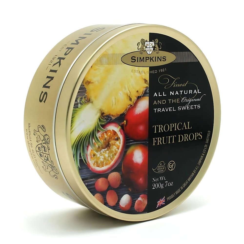 Simpkins Tropical Fruit Drops - Fruit Hard Candy in a Tin - All Natural British Sweets & Old Fashioned Candy - Tropical Fruit Candy in English Candy Drops Tin Without Artificial Flavor (7 oz)