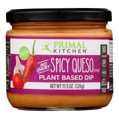 Primal Kitchen Medium Spicy Queso Dip, Plant Based Dip, Whole30, Vegan, Keto & Paleo Certified, Soy Free, Sugar Free, Gluten Free, 11.5 Ounce (Pack of 6)