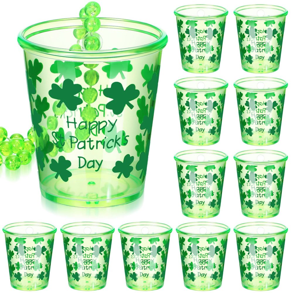 12 Pcs St. Patrick's Day Shot Glass Necklace Green Shamrock Shot Glass on Beaded Necklace Plastic Disposable Shot Necklace Cups for Saint Patrick's Day Party Decorations Festival Supplies