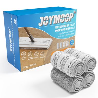 JOYMOOP Mop Replacement Pads, 4-Pack 13" 4.9" Microfiber Flat Mop Refills, Dual Grey & Stripe Pads for Wet & Dry Cleaning, Fits JOYMOOP Mop Head Refills, Machine Washable, Durable, Scratch-Free