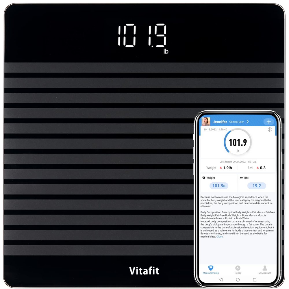 Vitafit Anti-Slip Smart Digital Bathroom Scale for Body Weight, High Accuracy Assured by Weighing Professional Since 2001, BMI with App,Black