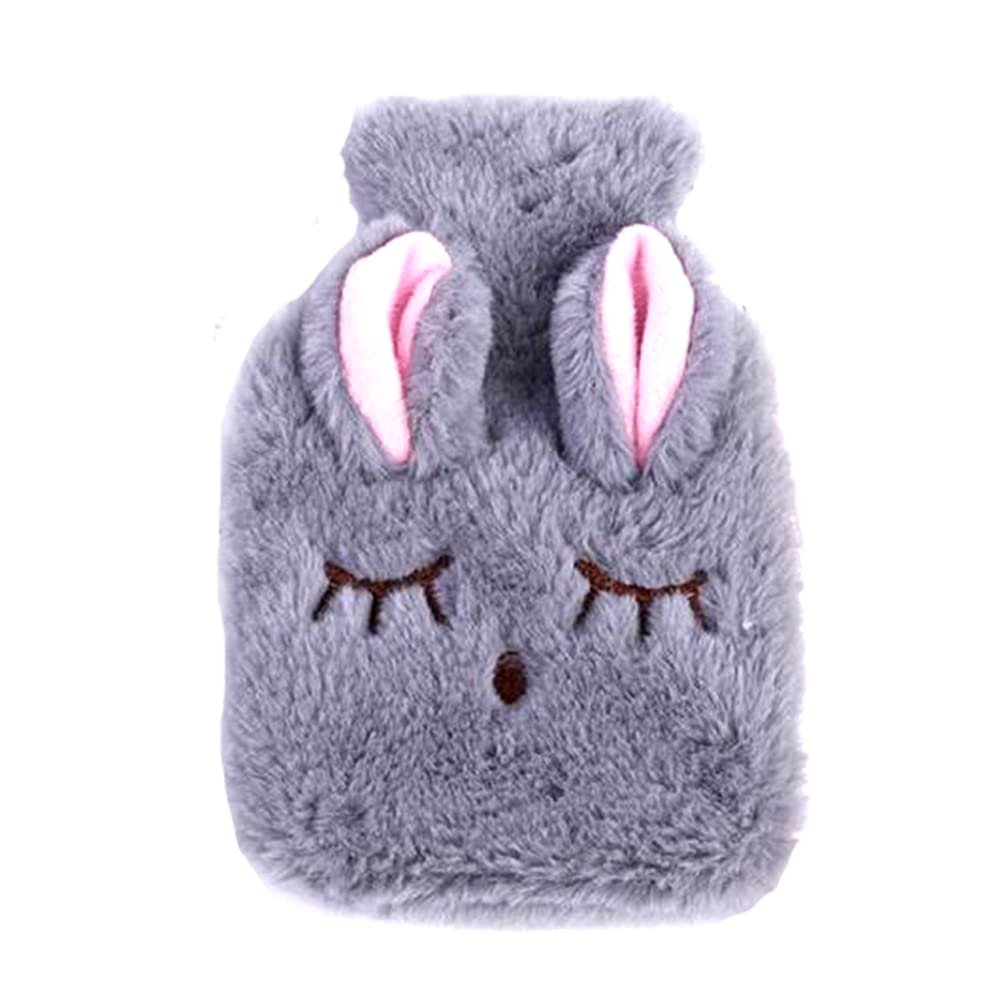 1PCS Hand Warmer PVC Hot Water Bottle Bag with Knitted Soft Rabbit Cozy Cover,Gray