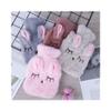 1PCS Hand Warmer PVC Hot Water Bottle Bag with Knitted Soft Rabbit Cozy Cover,Gray view 3