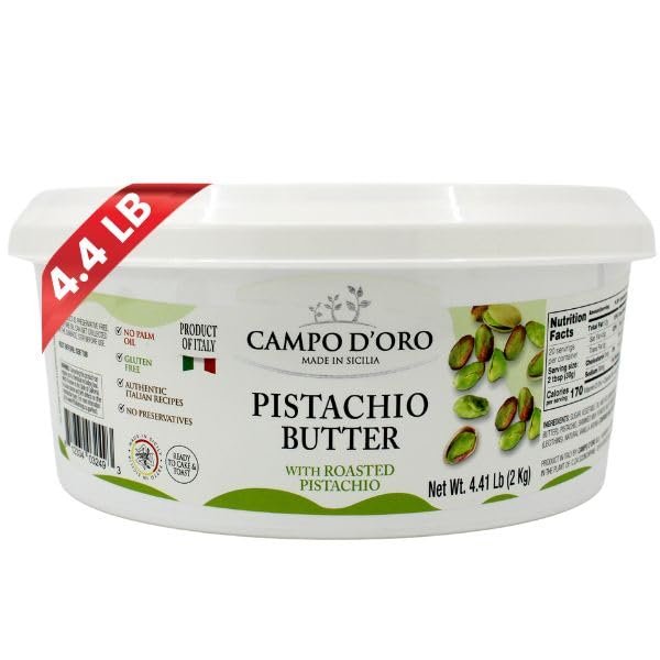 CAMPO D'ORO - Pistachio Butter Cream Bulk, 4.4 lb (2 kg), Rich & Nutty for Ice Cream, Dubai Pistachio Chocolate Bars, and More, Bulk Dessert Filling, Product of Sicily