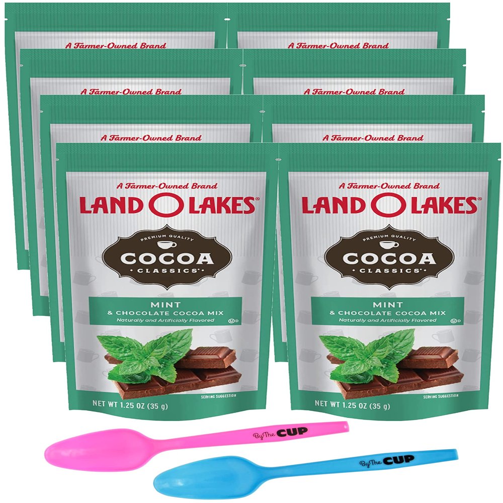 Land O Lakes Mint & Chocolate Hot Cocoa Mix, 1.25 Ounce Packets (Pack of 8) with 2 By The Cup Mood Spoons